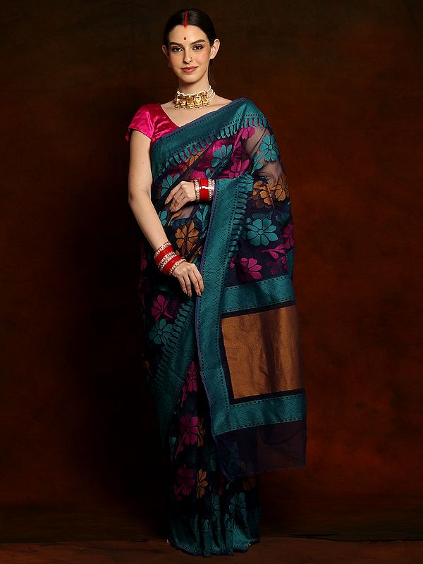 Teal Blue Synthetic Net Saree with Floral Motifs and Border