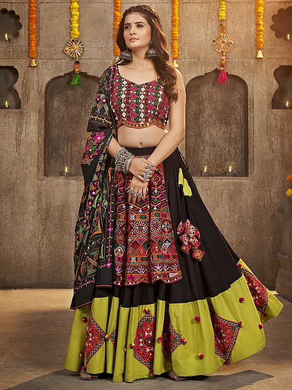 Black-Green Viscose Rayon Mirror-Thread Embroidered Navratri Style Chaniya Choli And Cotton Dupatta