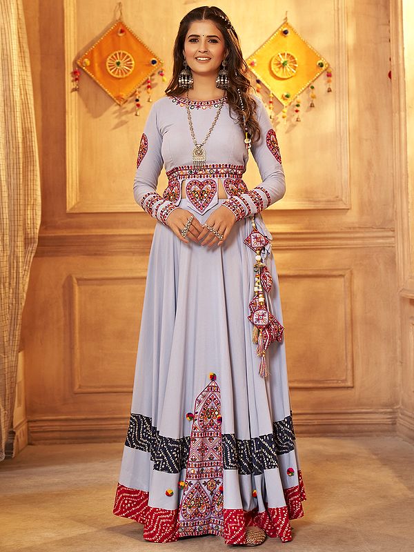 Sky Viscose Rayon Navratri Style Lehenga Choli With Thread-Mirror Embroidery And Koti