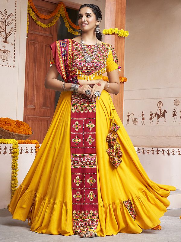 Blazing-Yellow Viscose Rayon Ruffled Border Lehenga Choli With Thread-Mirror Embroidery And Maroon Cotton Dupatta