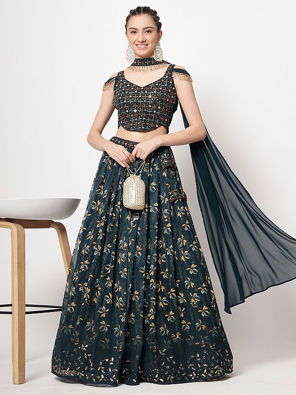 Green-Gables Printed Georgette Lehenga With Sequins-Thread Embroidered Black Choli And Choker Dupatta