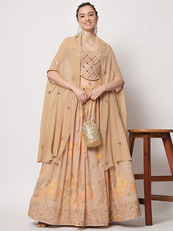 Beige Georgette Floral Printed Lehenga Choli with Sequins Embroidery and Shrug