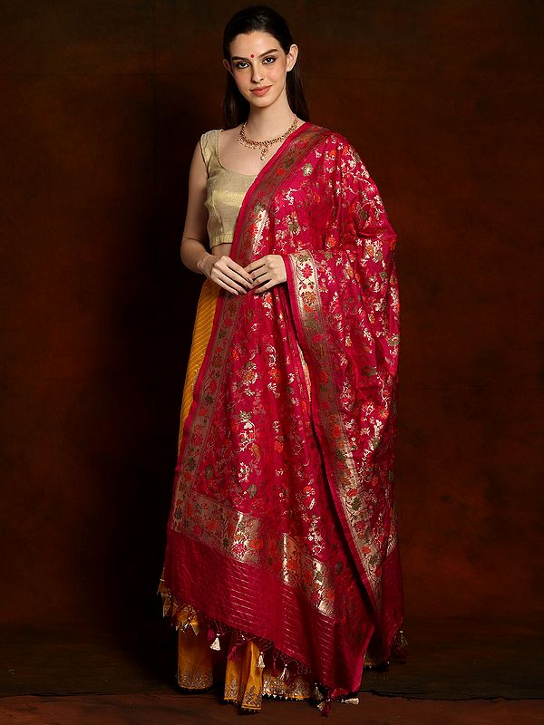 Royal Banarasi Brocade Silk Dupatta with Striped Palla and Tassels