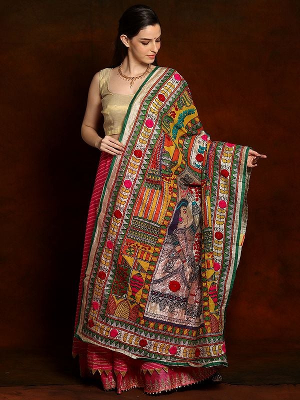 Multicolored Chanderi Kantha Dupatta with Traditional Bengali Art