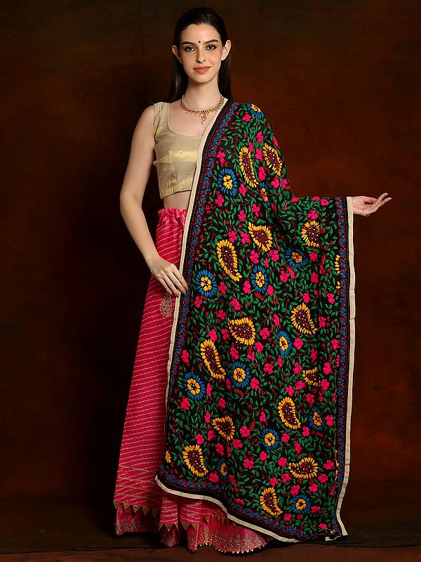 Caviar Black Georgette Phulkari Dupatta with Multicolored Woolen Embroidery and Sequins