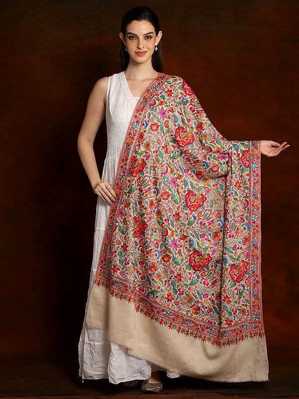 Off White Silk Sozni Multicolored Embroidery Jamawar Pure Pashmina Shawl from Kashmir
