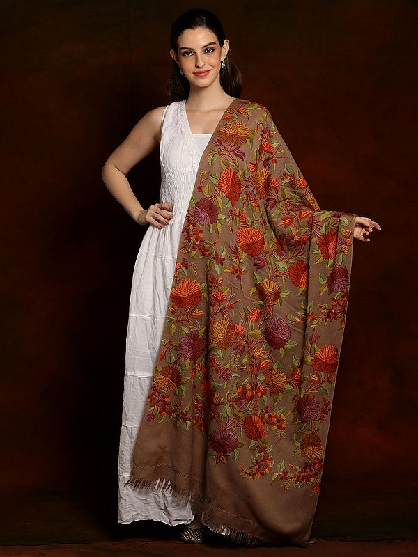 Khaki Brown Woolen Shawl with Multicolored Aari Floral Embroidery