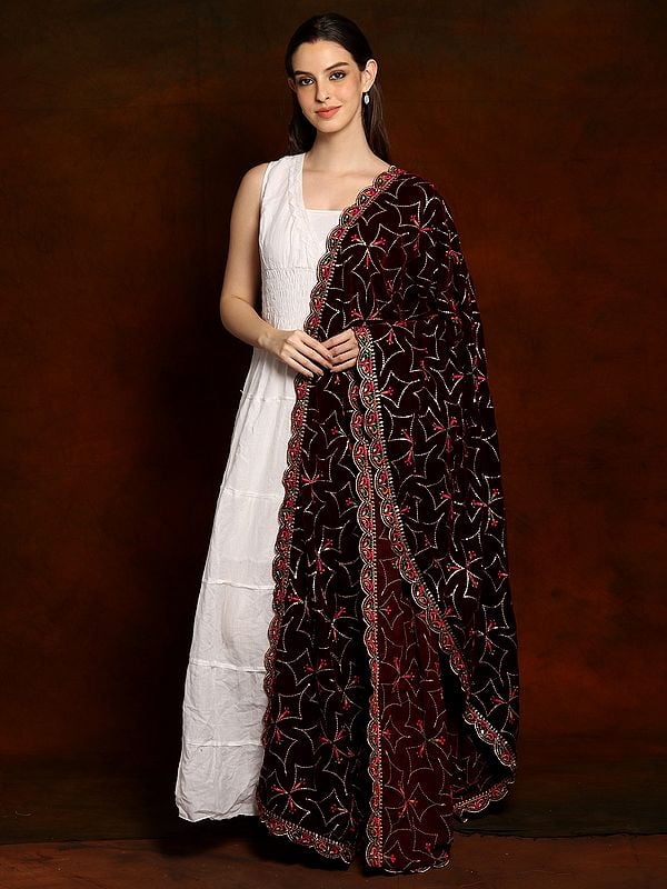 Velvet Dupatta with Zari and Sequinned Diamond Pattern and multicolored miniatures from Amritsar