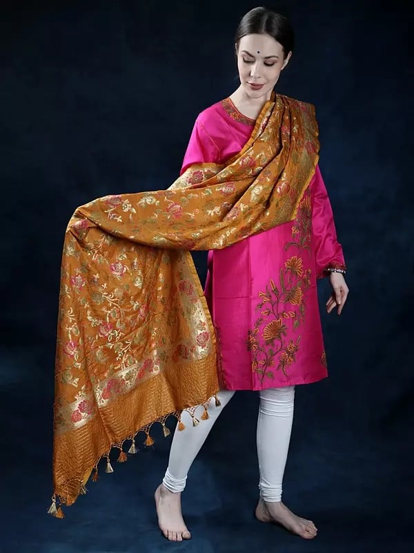 Multi-Colored Floral Vine Art Silk Banarasi Woven Zari Brocade Dupatta