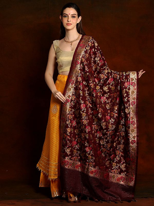 Multi-Colored Floral Vine Art Silk Banarasi Woven Zari Brocade Dupatta