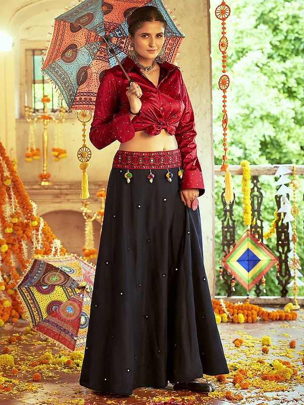Art Silk Embroidered Navratri Black Lehenga with Maroon Printed Gajji Silk Choli