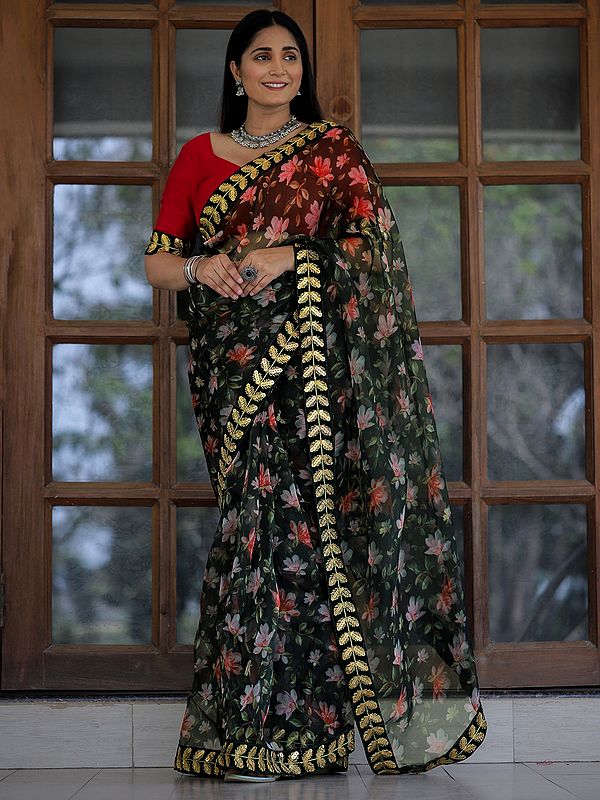 Evergreen Organza Floral Print-Lace Work Saree With Red Bangalori Silk Blouse