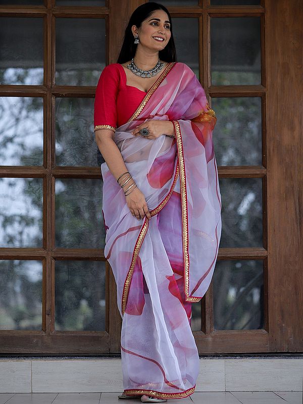 Lucent-Whtie Organza Digital With Lace Work Saree And Pink Bangalori Silk Blouse