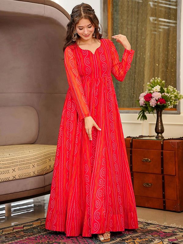 Red-Flared Bandhani Digital Printed Georgette Anarkali Gown