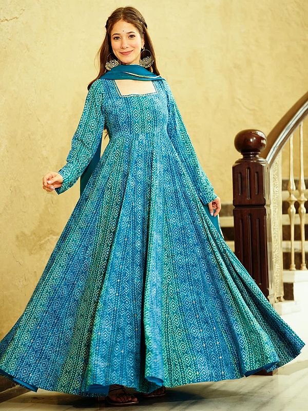 Blue-Green Digital Printed Georgette Anarkali Gown with Dupatta