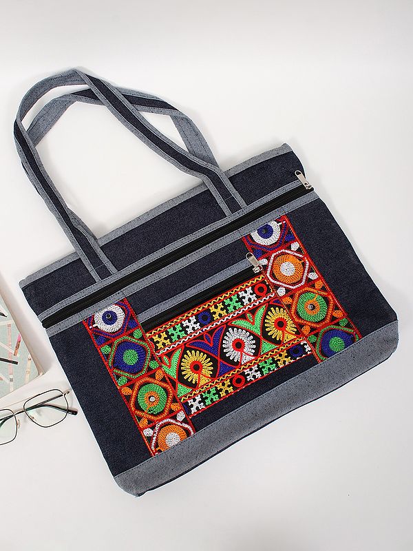 Ethnic Denim Tote Bag with Handmade Patchwork