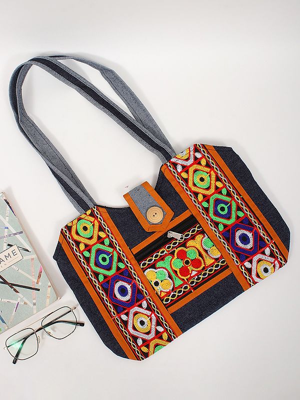 Ethnic Denim Tote Bag with Handmade Patchwork