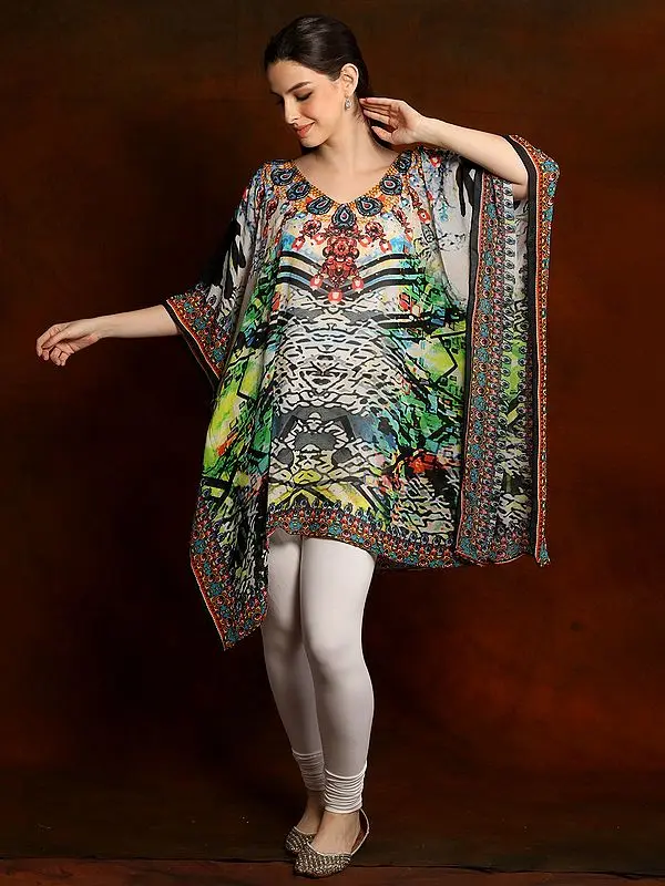 Mediterranean Print Multi Colored Chiffon Short Kaftan with Sequins on Neck