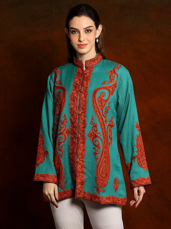 Woolen Teal Blue Aari Embroidered Short Jacket from Kashmir
