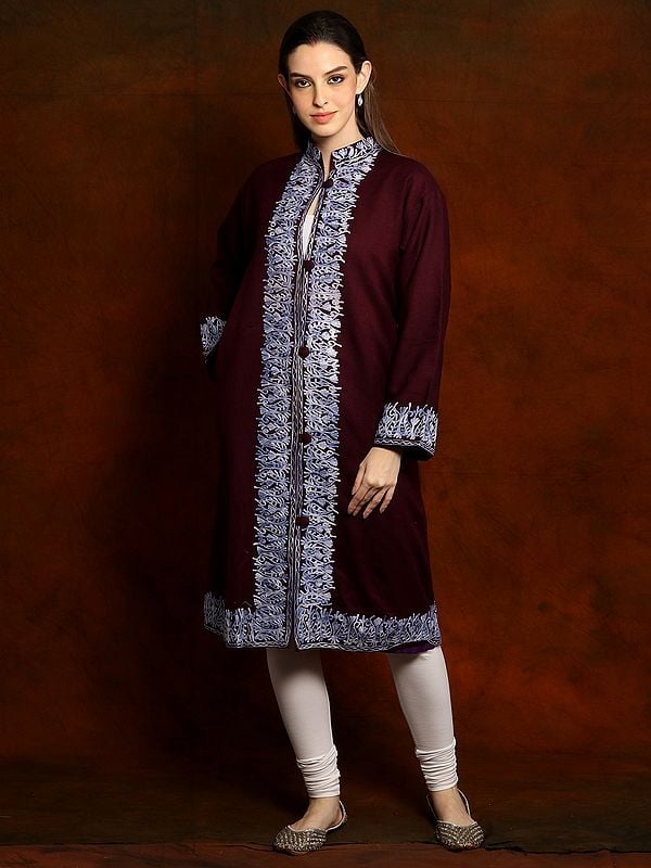 Pure Wool Burgundy Aari Embroidered Long Jacket from Kashmir