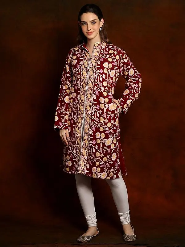 Pure Wool Ruby Red Aari Embroidered Long Jacket from Kashmir