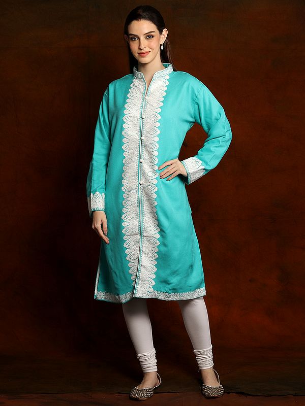 Woolen Sky Blue Aari Embroidered Long Jacket from Kashmir