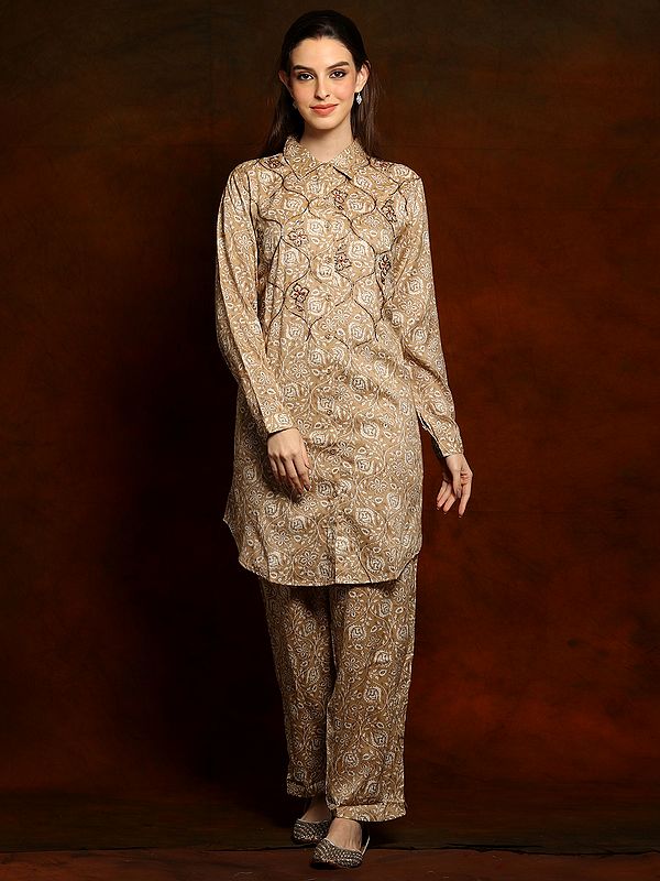 Pure Linen Printed and Collared Co-ord set with Glass Sequins on the Neck