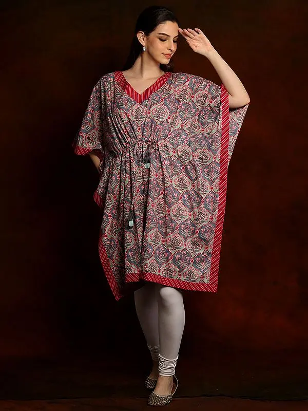 Pure Cotton Short Kaftan with Triangle Striped Neck