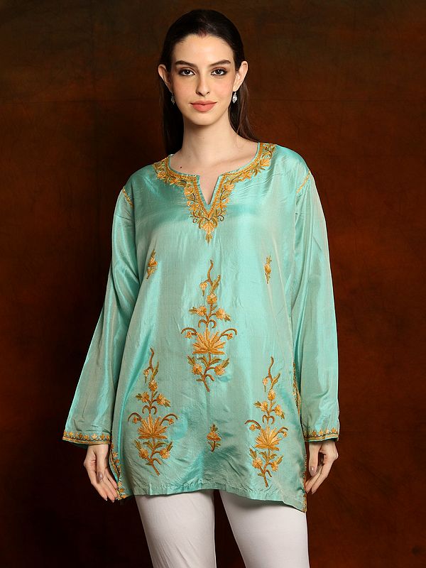 Short Pure Silk Turqoise Kurti with Aari Embroidery from Kashmir