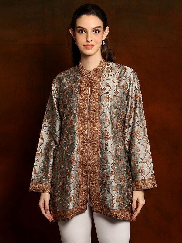 Aari Embroidered Silk Short Silver Jacket from Kashmir