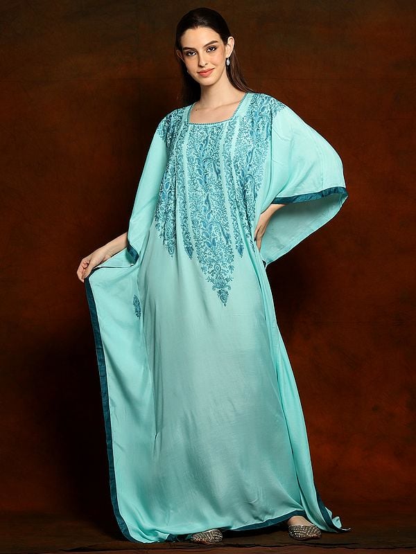 Rayon Pastel Blue Long Kaftan with Aari Embroidery on Neck