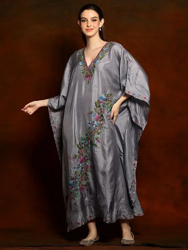Silk Deep Grey Long Kaftan with Aari Embroidery