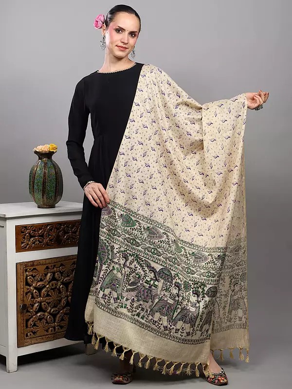 Khadi Beige Dupatta with Madhubani Art from Bihar