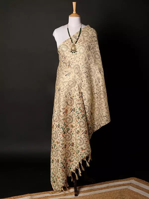 Khadi Beige Dupatta with Madhubani Art