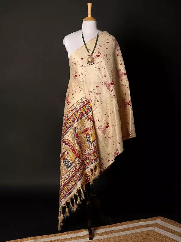 Khadi Beige Dupatta with Madhubani Art