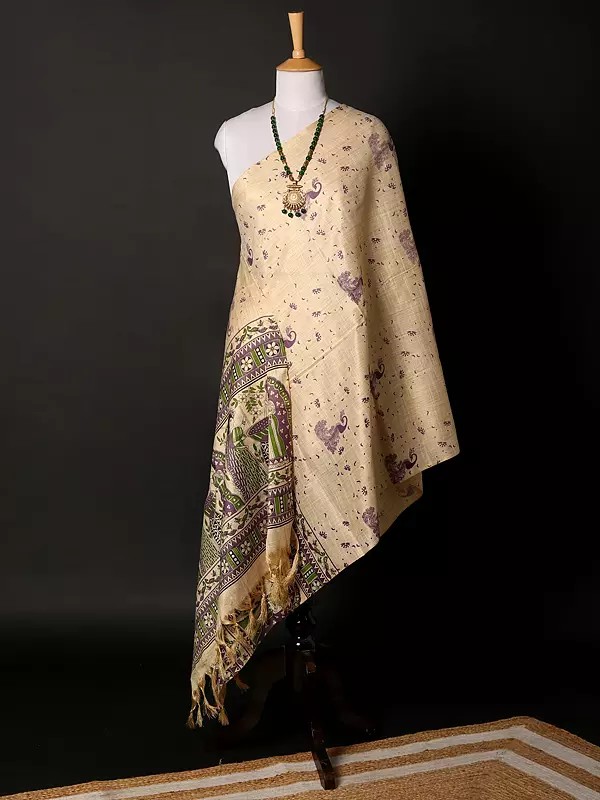 Khadi Beige Dupatta with Madhubani Art