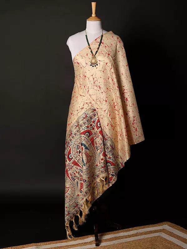 Khadi Beige Dupatta with Madhubani Art from Bihar
