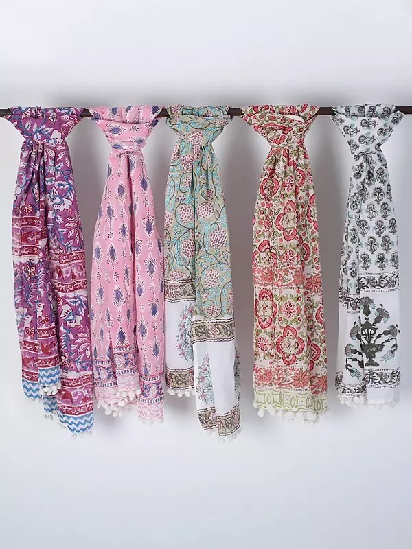 Cotton Printed Stole With Pom Poms (Set of 5)