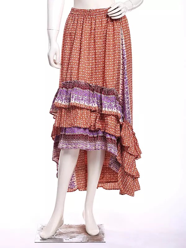 Printed Silk A-Line Skirt with High-Low Ruffled Hem