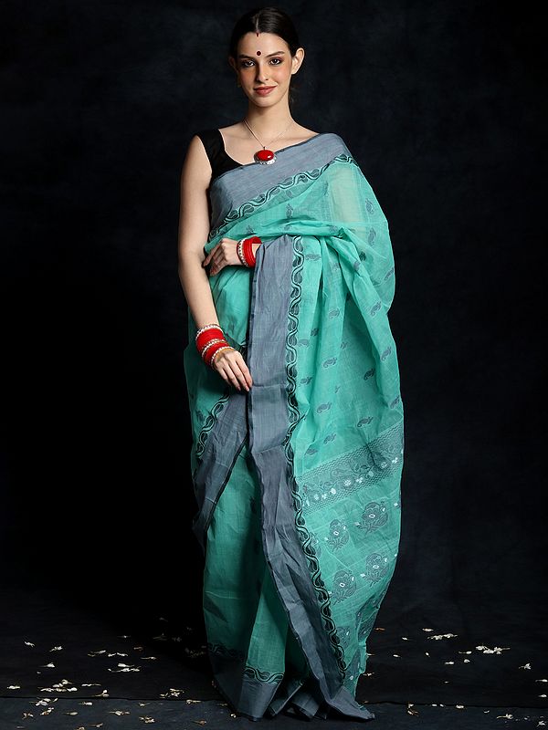 Turquoise Pure Cotton Tangail Saree and Grey Border from Bengal