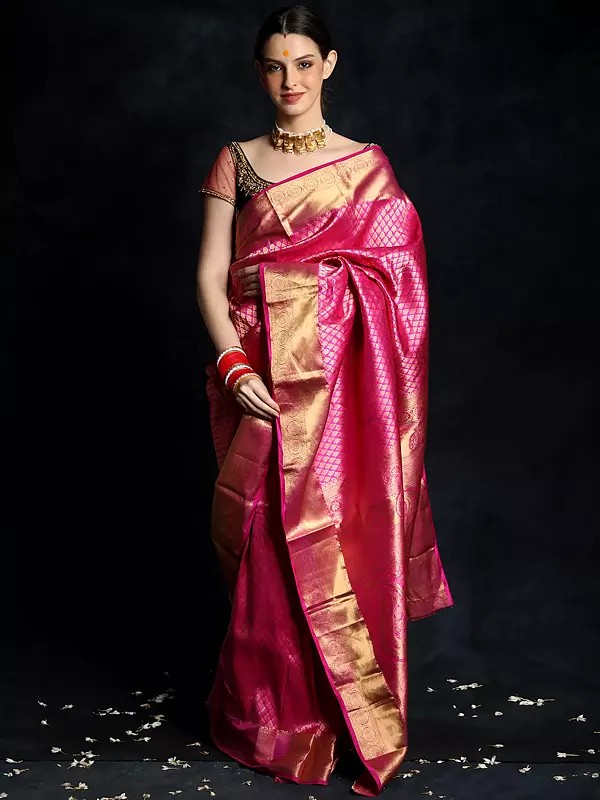 Rani Pink Pure Kanchipuram Silk Saree with Brocade Threadwork
