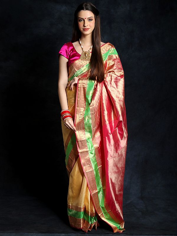 Colorblocked Tri-Color Pure Silk Kanchipuram Saree