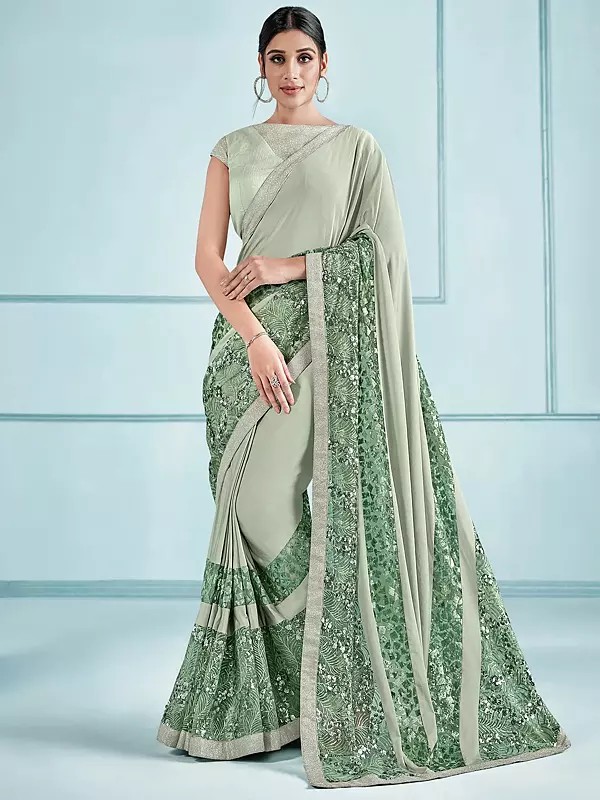 Sea-Green Lycra Saree With Sequins-Stone Embroidery And Raw Silk Blouse