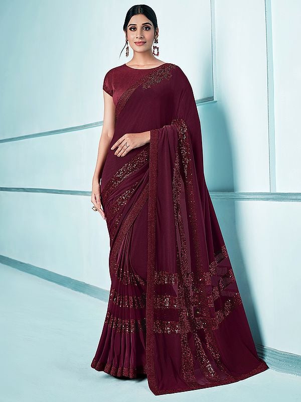 Dark-Maroon Lycra Sequins Embroidered Saree with Raw Silk Blouse