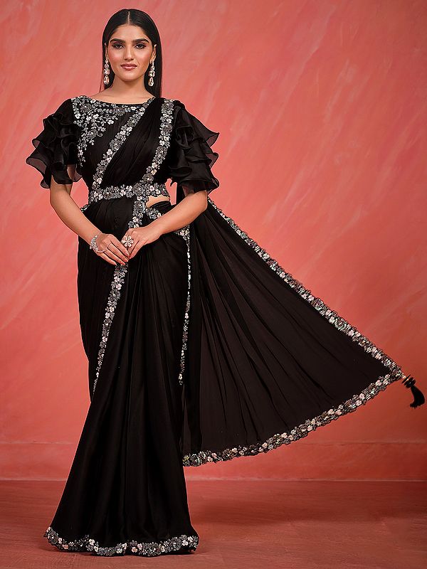 Black-Sand Crepe Silk Satin Designer Saree With Sequins, Stone, Moti Work And Matching Blouse