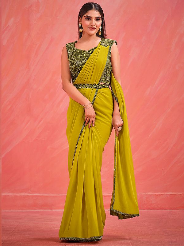 Green-Sheen Georgette Designer Saree With Crepe Satin Blouse And Thread, Jari, Kardana Work