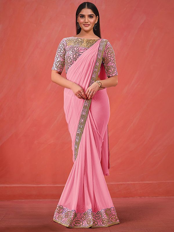 Prism-Pink Lycra Net Cord Embroidered Saree With Silk-Net Designer Blouse