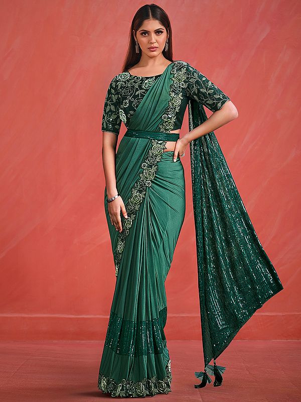 Antique-Green Crystal Lycra Cord-Sequins Embroidered Saree With Raw Silk Blouse