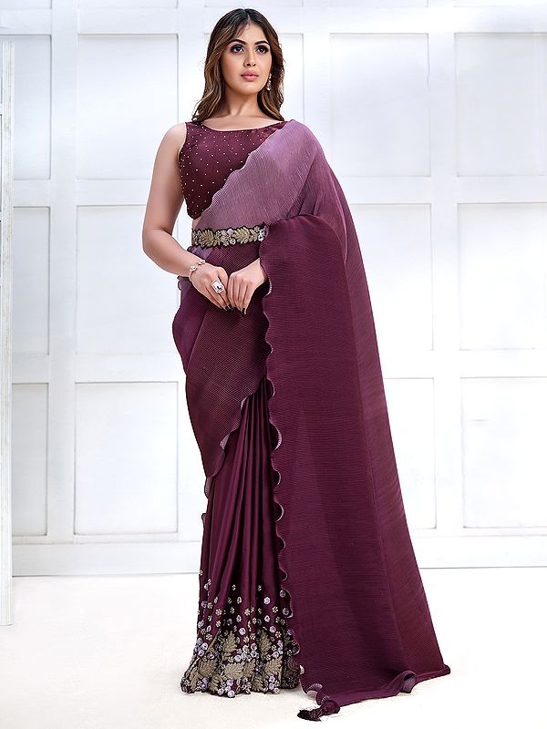 Wine Crepe Satin Silk Dual-Tone Saree With Cord-Sequins Embroidery And Satin Silk Blouse