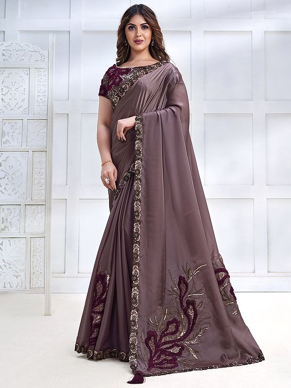 Purple-Dove Crepe Satin Silk Saree With Banglori Silk Blouse And Cord, Sequins, Stone Embroidery